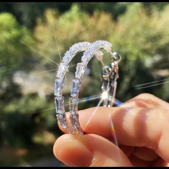 18kt White Gold PLATED CZ Diamond Hoop Earrings - Picture 9 of 9